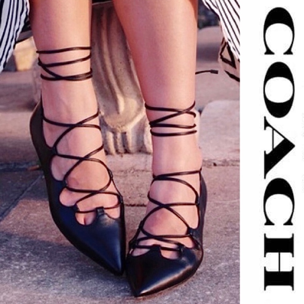 Coach Justine Black Leather Lace Up Ballerina Pointed Flats - Picture 2 of 13